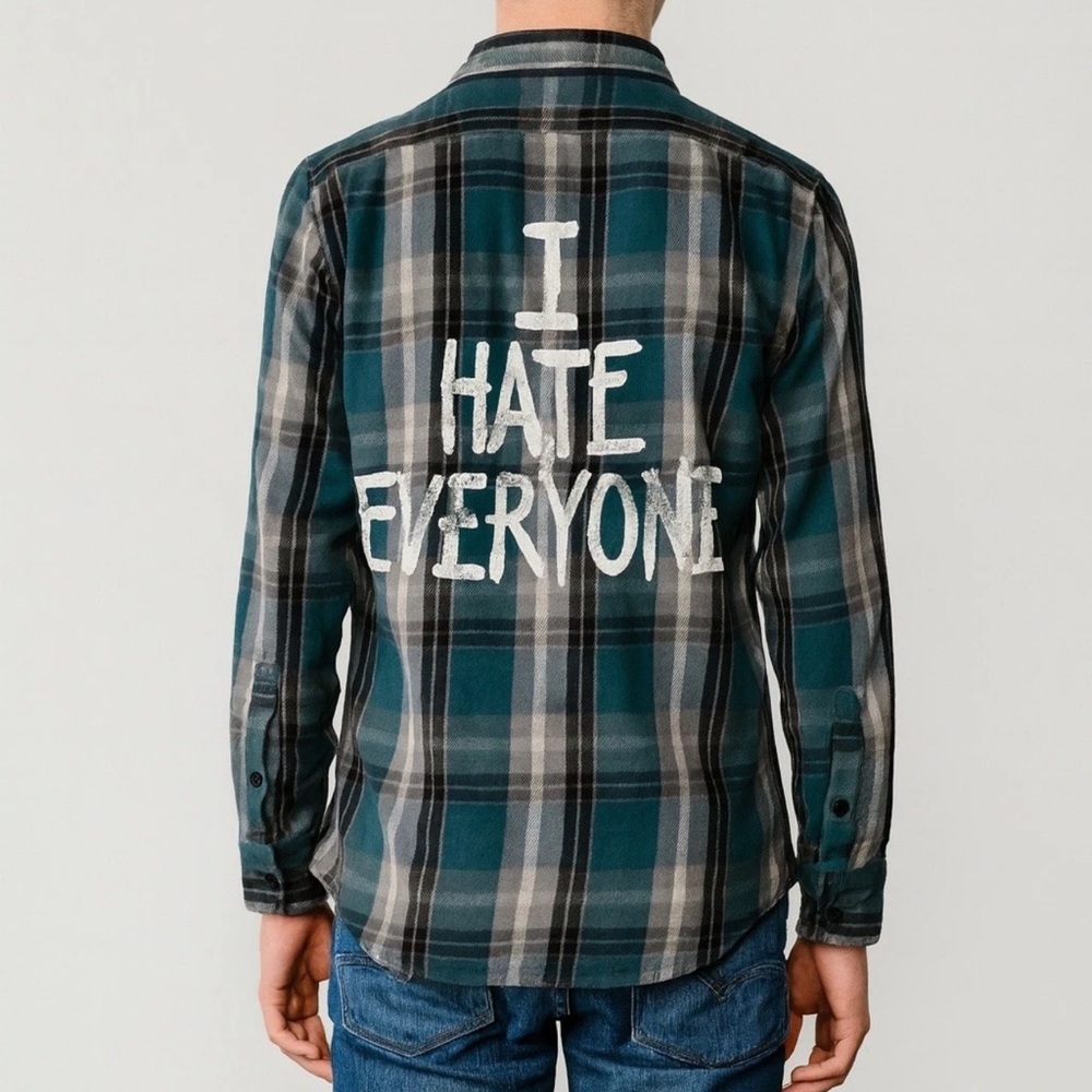 Jac Vanek "I Hate Everyone" Flannel Faded Grunge Weathered Men’s Size Small